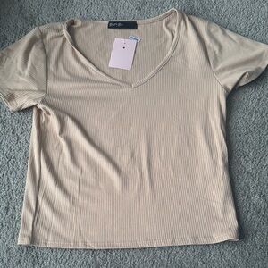 Just Be Light Tan Ribbed V-Neck Tee
